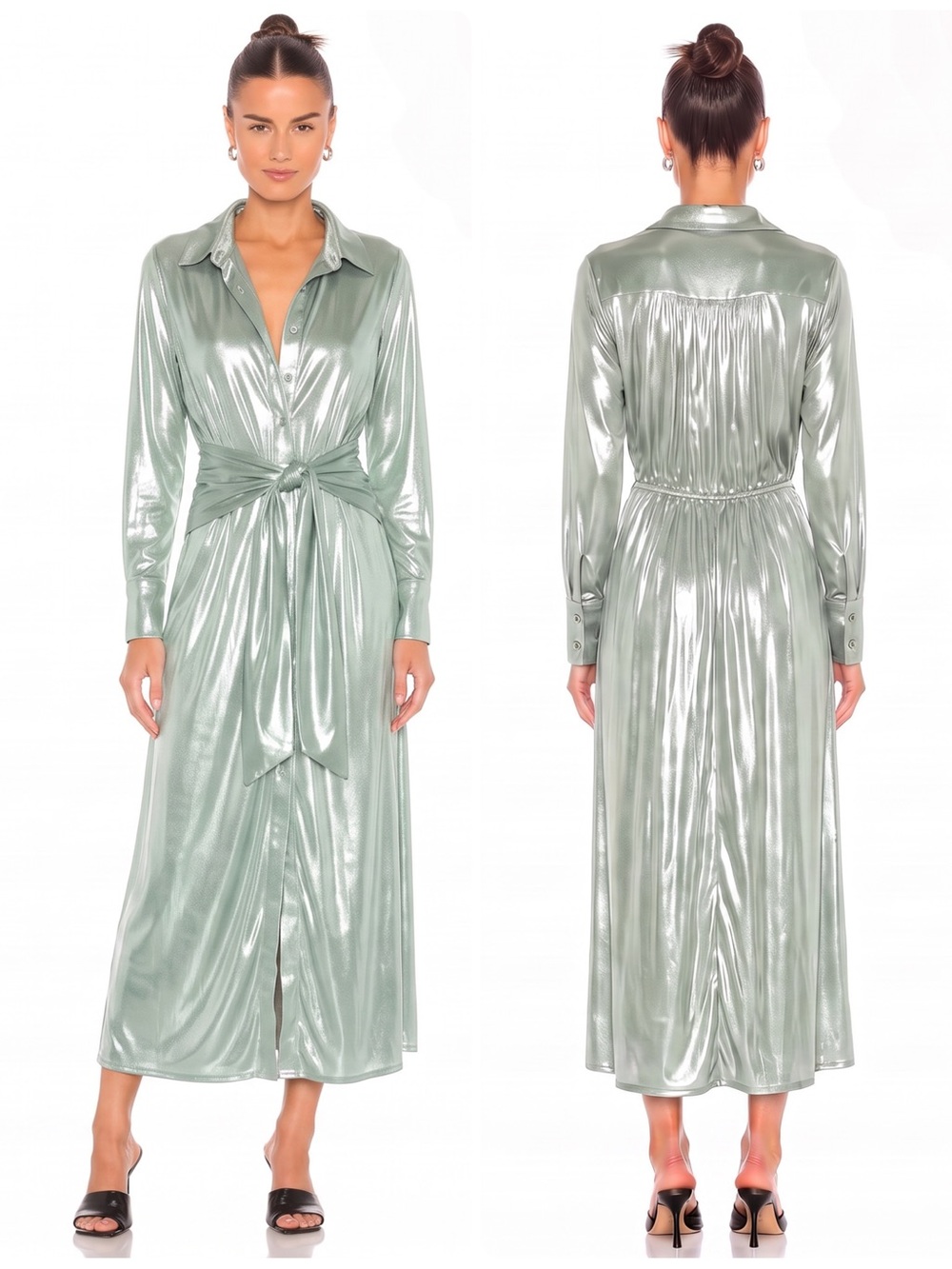 Young Fabulous & Broke Metallic Sage Tie-Waist Button Down Shirt Maxi Dress NWOT
